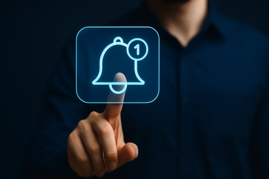 Man tapping futuristic digital notification bell icon with glowing interface, smart technology touch interaction for modern app alert system