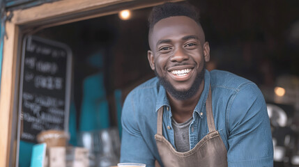 African American man with a bright smile stands in a coffee shop, wearing an apron, showcasing a welcoming atmosphere and engaging customer service experience