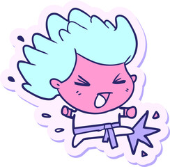 sticker of a cartoon kicking karate champ in bright neon color