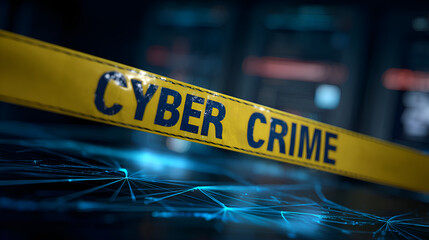 Cyber crime yellow tape blocking access to digital network