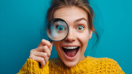 Excited young woman holding magnifying glass showing enlarged eye on blue background