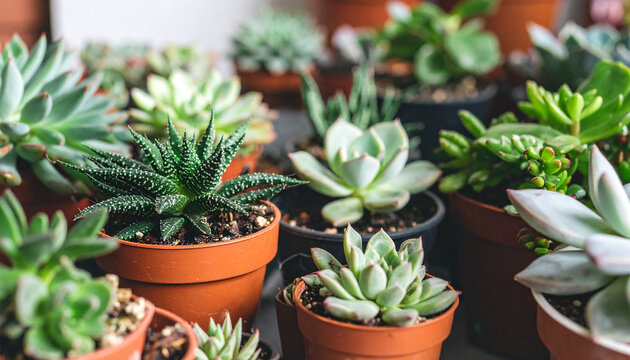 Assortment of different succulents, miniature garden. Eco-friendly living. Beautiful green plants.