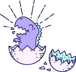 illustration of a traditional tattoo style hatching dinosaur in bright neon color