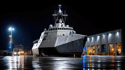 Warship on Dry Dock Under Night Lights