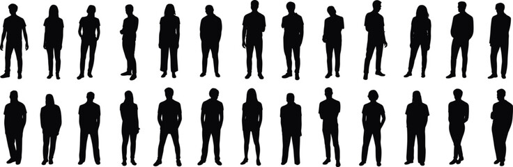 Diverse Group of People Silhouettes Standing Vector Collection: Full-Body Views of Men and Women in Various Poses, Minimalist Flat Design for Crowd Scenes and Architectural Renderings, 