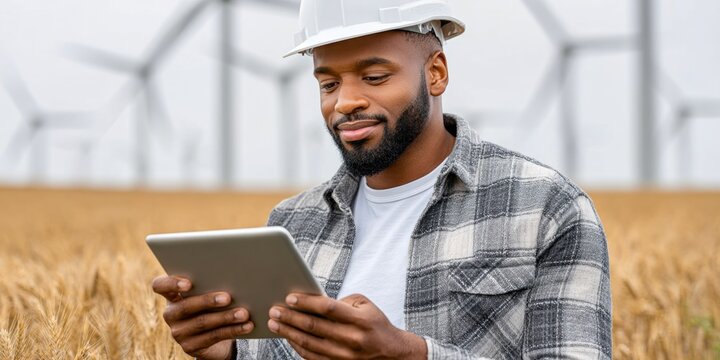 Engineer Using Tablet in Wheat Field with Wind Turbines