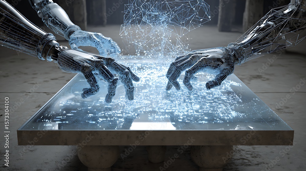 Poster robotic hands assembling intricate light-based data structures hovering above a transparent table