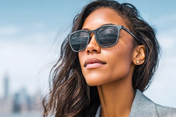 Stylish woman in gray blazer with sunglasses