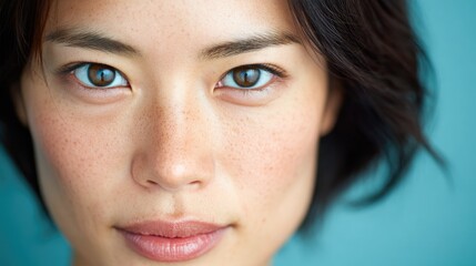 Obraz premium Close-up of woman’s freckled face and intense gaze