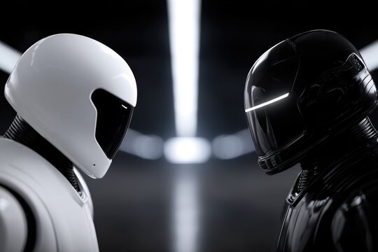 Futuristic Robot Face-Off in Symmetrical Corridor