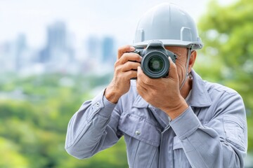 Obraz premium Engineer Photographer in Helmet Taking Picture