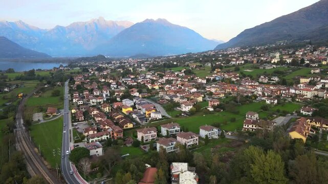 Aerial nature landscape of Colico village in Lake Como Italian Alps during fall in Lombardy