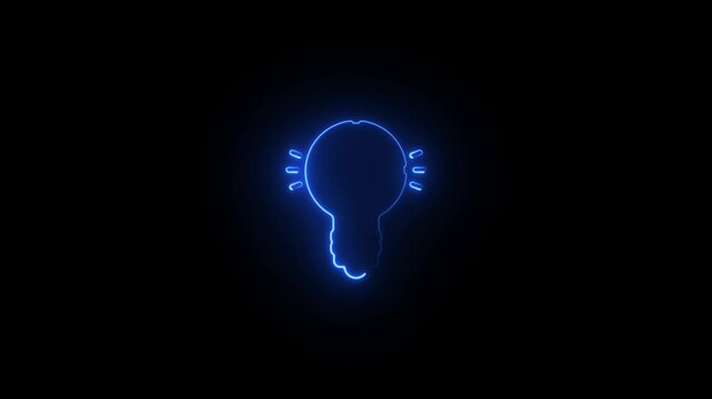 Neon electric bulb icon animation. Glowing neon lightning bulb icon. Light lamp sign icon on black background. Glowing neon line Light bulb with rays. Rays shine appear and disappear after some time. 