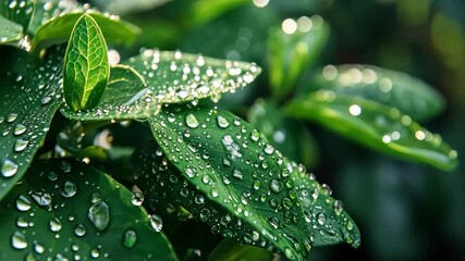 Close-up fresh green leaves covered in water droplets showcasing nature's beauty, freshness, and greenery in springtime. - Powered by Adobe