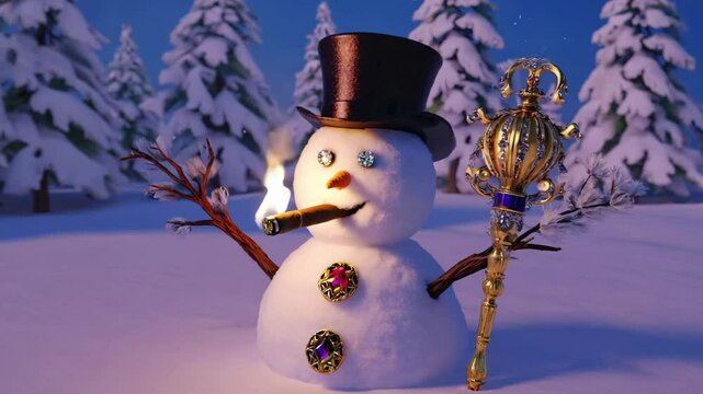 A snowman with a top hat, diamond eyes and jewels for buttons, smoking a cigar and holding a royal scepter