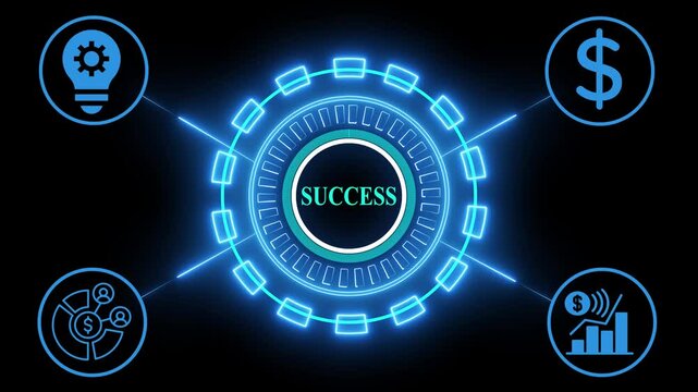 corporate success strategy: idea, finance, team, and growth concept on black background,futuristic animation of the business success formula on black background.