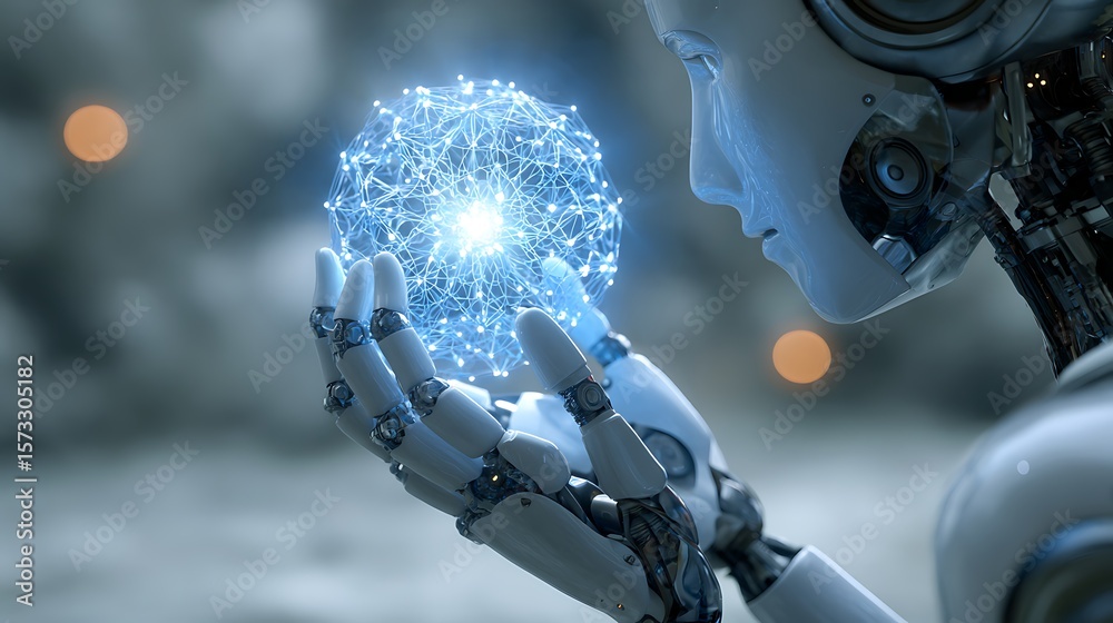 Poster robotic scientists analyzing a spherical light representation of ai neural networks glowing gently b
