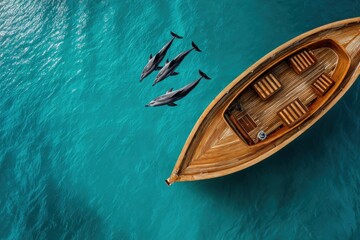Obraz premium Dolphins swimming gracefully alongside a wooden boat in crystal clear blue waters under bright sunlight
