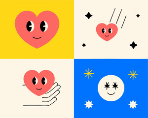 Whimsical heart characters in geometric scenes with celestial elements