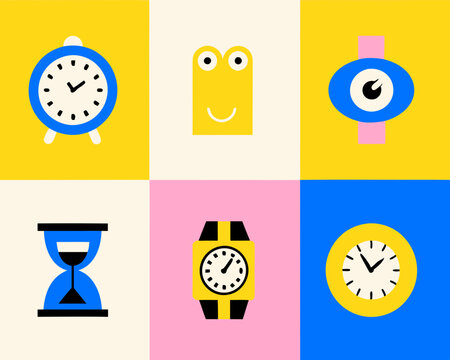 A colorful collage of abstract timekeeping devices and a friendly character