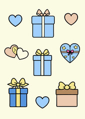 Cute hand drawn hearts and gift boxes with ribbons