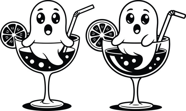 Cute Ghost Cocktail Illustration, Funny Halloween Drink Art Vector.

