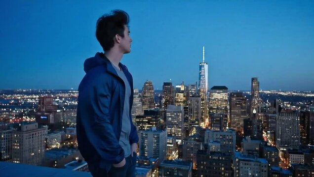 Young man gazing out over city skyline from rooftop at blue hour, soft breeze ruffling his jacket, moment of transition and reflection