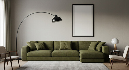 Vertical black frame mockup above olive sofa with arc floor lamp – soft minimalist living room layout with contrast tones for poster or artwork presentation