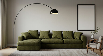 Minimal interior with vertical black frame and olive green couch under arc lamp – elegant and cozy living room setup for branding posters or canvas mockup display
