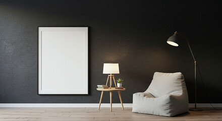 Vertical frame mockup above olive green sofa with arc floor lamp – modern minimal interior layout with contrast tones for artwork or branding display