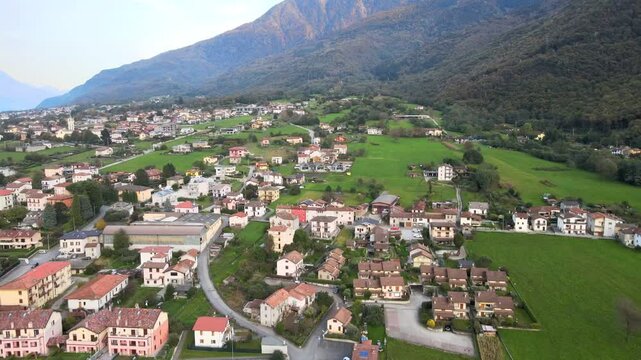 Aerial nature landscape of Colico village in Lake Como Italian Alps during fall in Lombardy
