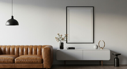 Single black frame mockup in gray interior with brown leather chair, modern drawers and white decor – soft minimal home office setup for branding artwork