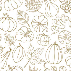 Seamless pattern with hand drawn pumpkins and autumn leaves in delicate outline style. Elegant botanical design on white background. Perfect for eco packaging, wrapping, fall card or seasonal print