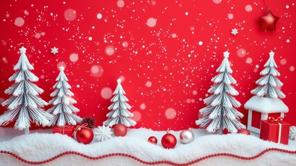 A festive christmas scene with snow covered trees gifts and ornaments against a red background