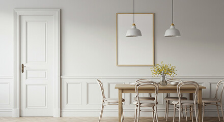 Vertical golden frame mockup in bright dining room with hanging lights, white walls, and wooden table – minimal and elegant interior scene for branding or artwork display