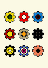 Collection of colorful and diverse gear icons with black outlines