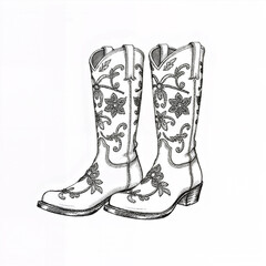 Cowboystiefel mit floraler Stickerei, nostalgisch und stilvoll, handgezeichnete Modeillustration in Schwarz-Wei&szlig;, isoliert auf wei&szlig;em Hintergrund