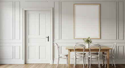  Golden frame mockup on white interior wall beside door and modern chair – minimal bright space with warm lighting for branding, art, or canvas presentation