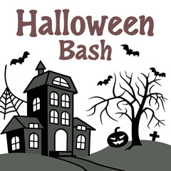 Spooky halloween bash invitation featuring a haunted mansion bare tree flying bats a carved pumpkin spider web and a graveyard cross on a white background