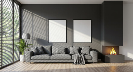 Dual frame mockup on black wall above gray sofa with cushions – soft modern interior for branding display, artwork, or stylish poster presentation in living space