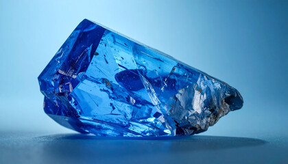 Big rough blue crystal on smooth surface. Precious stone.
