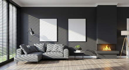 Vertical and square frame mockup on white wall in gray-themed interior with large sofa and natural sunlight – modern minimalist layout for poster or artwork branding