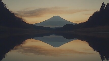 Mountain reflected in a calm lake at sunrise.