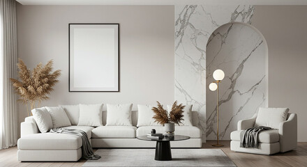 Vertical poster frame mockup in modern room with arched marble wall and pampas decor – minimalist interior design for art, branding or product display