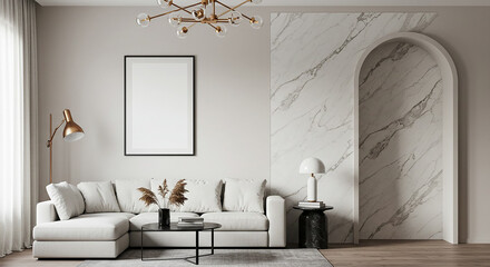 Elegant living room interior with vertical black frame mockup, white walls and marble textures – modern decor for artwork branding or poster design with luxury aesthetic