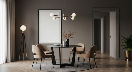 Minimalist dining area with vertical frame mockup, chandelier and neutral chairs – bright modern interior design with warm accents and natural light for branding artwork