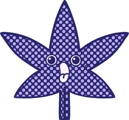 comic book style cartoon of a marijuana leaf in bright neon color