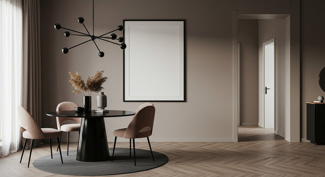  Stylish dining room scene with vertical black frame mockup, chairs and dark pendant lighting – minimalist art or branding frame display in neutral wall decor