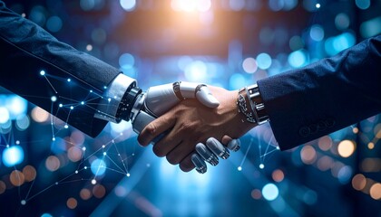 Digital Bond: A futuristic handshake seals a digital deal, blurring the lines between human collaboration and artificial intelligence in a visually captivating image