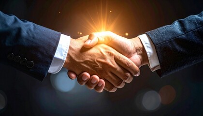 Strategic Partnership: Two businessmen shake hands, a bright light emanating from their clasped hands, symbolizing a powerful and successful business deal.
